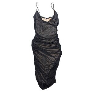 Shein‎ Cerve 3XL Black Mesh Ruched Stretchy Bodycon V Neck Spaghetti Strap Dress